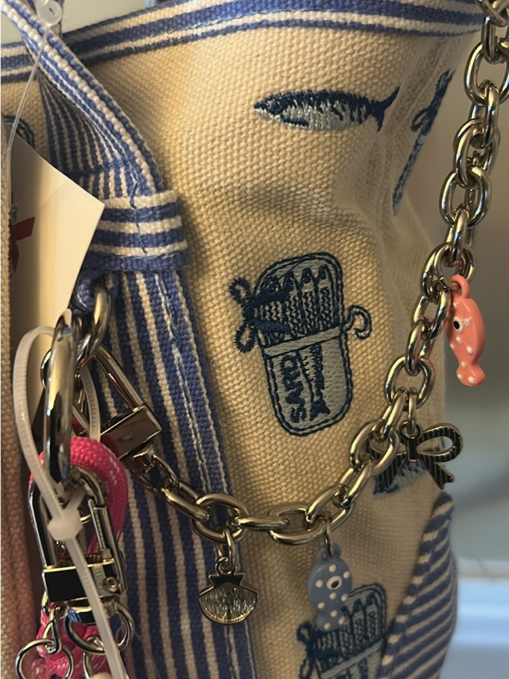 Striped Canvas Tote with Blue Embroidery and Sardine Charms and Chain